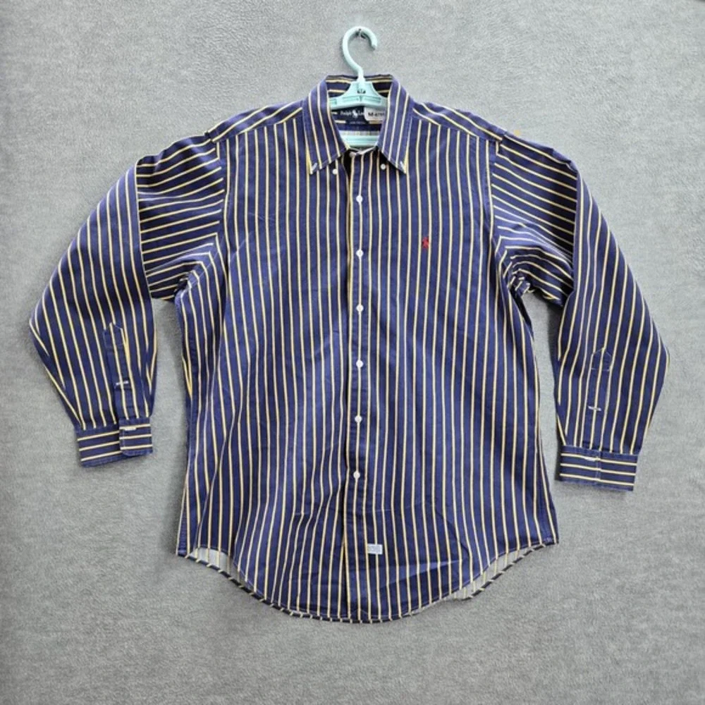 Ralph Lauren Men Button Up Shirt L‎ Blue Polo Player Embroidery Striped Long
